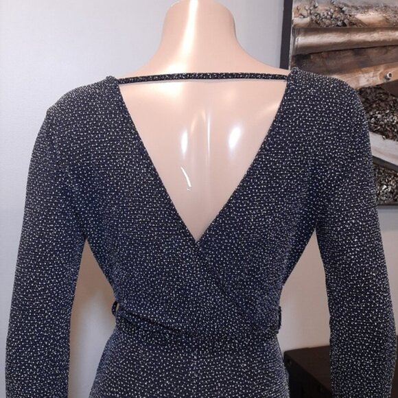 Mandee Sparkle Jumpsuit Long Sleeve Wide Cropped Leg Tie Belted Surplice Glitter - Picture 8 of 14